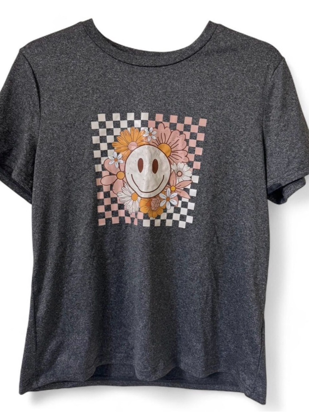 SHEIN Charcoal Smiley Daisy Checker Graphic Tee